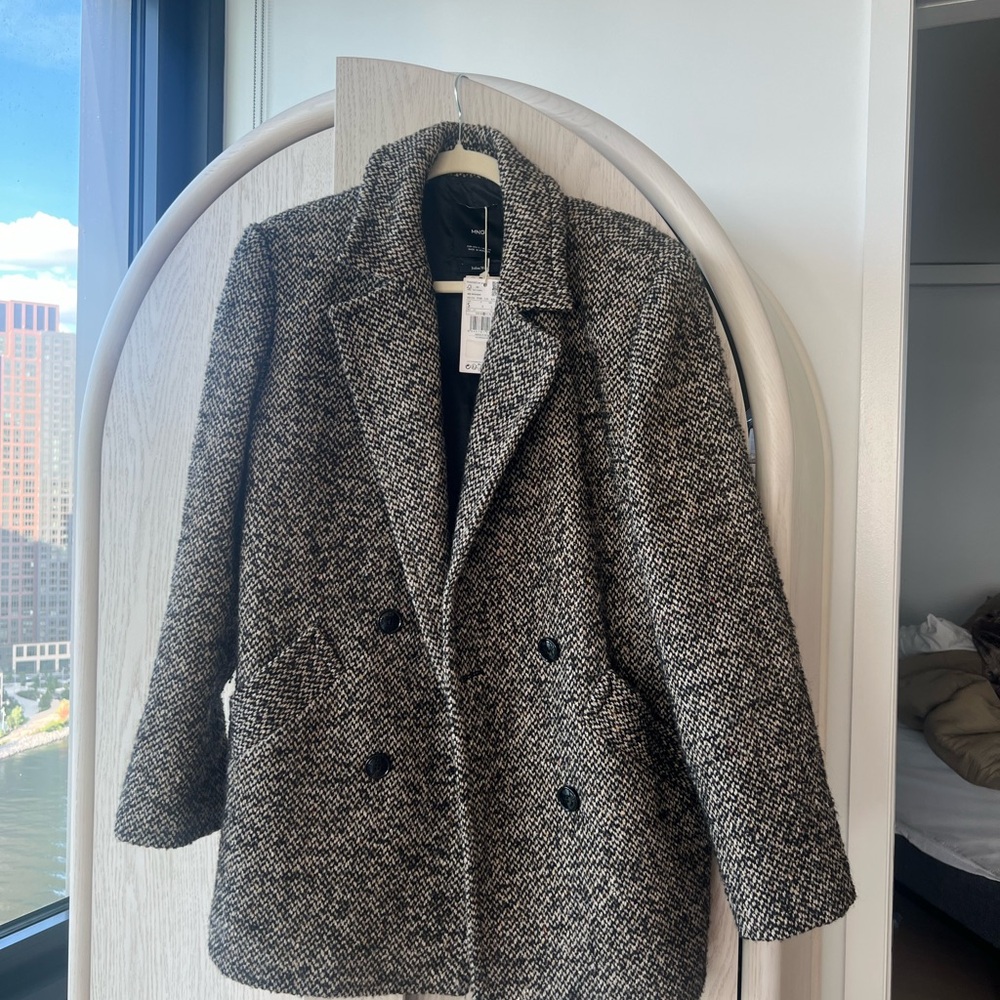 Mango Italian Wool Women's Black and White Tweed Coat